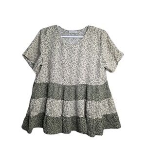 Paper Crane Bohemian Floral Prarie Cottagecore Boho Babydoll Blouse| L Green